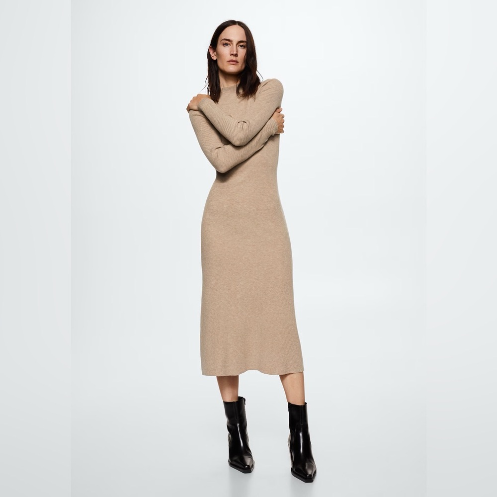 MANGO // SZ MED // mock neck rib-knit sweater midi dress // NWT // Retail $98